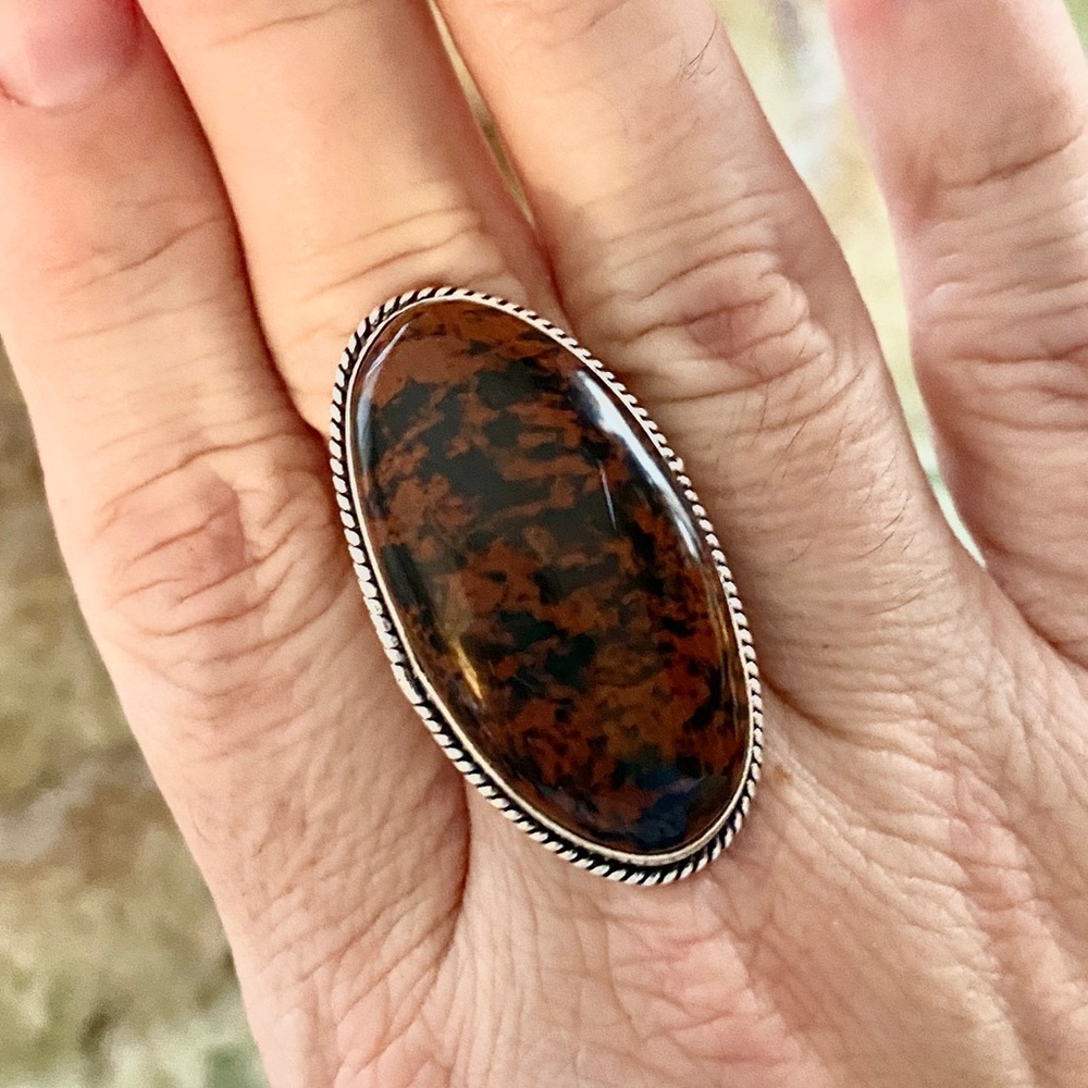 Mahogany Obsidian Gemstone Statement Ring,  .925 Sterling Silver overlay.
